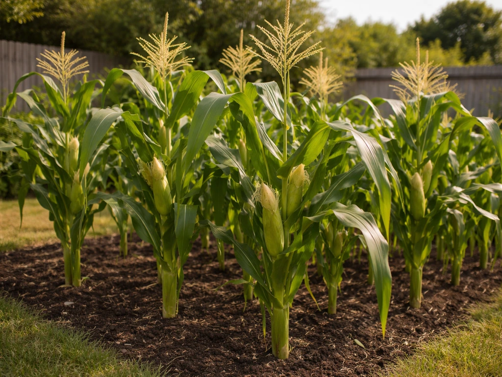 Sweetcorn plants thriving in a UK garden bed under warm summer sunlight