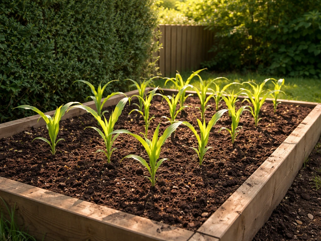 Corn seedlings in a sheltered raised bed with a simple windbreak and bright sun, showing sun and shade setup.