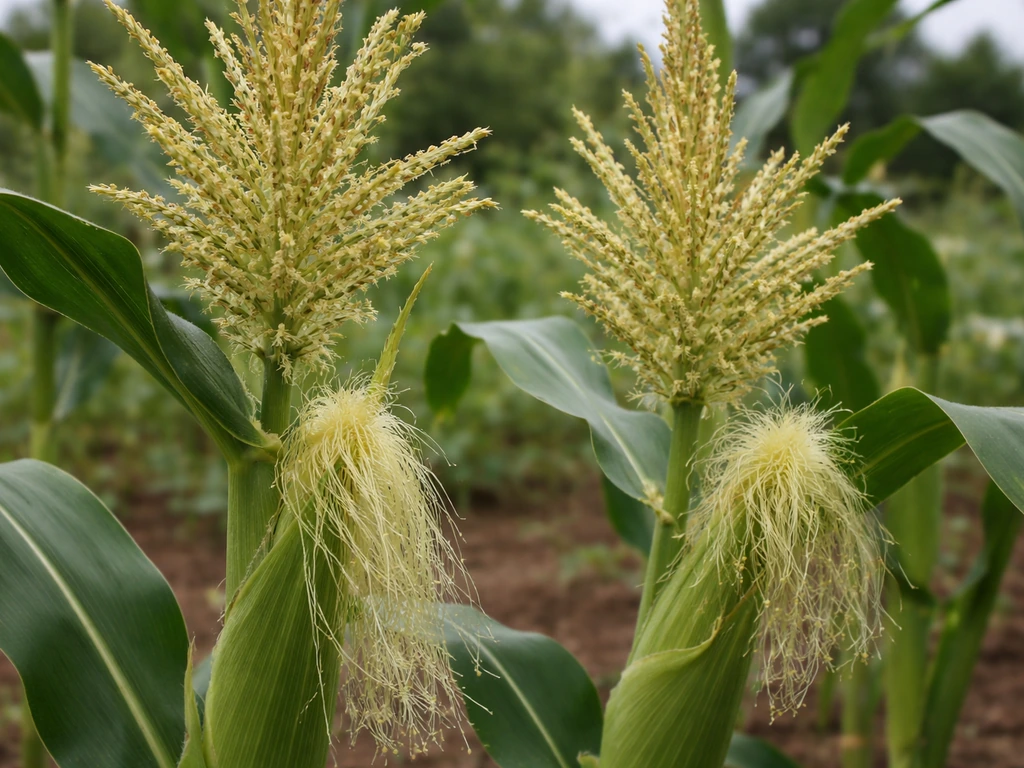 Close-up of sweetcorn tassels and emerging silks on ears in a small garden plot, pollination window.