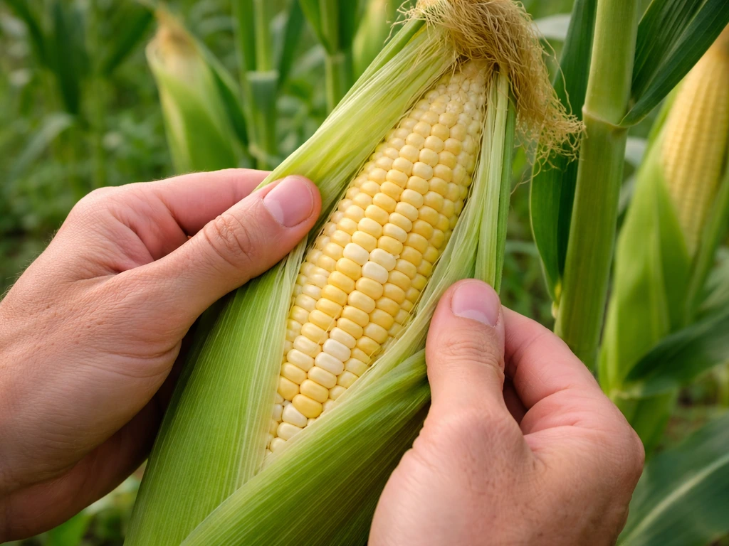 Hands peeling back corn husk to check kernels, with one cob partially revealed showing kernel texture.