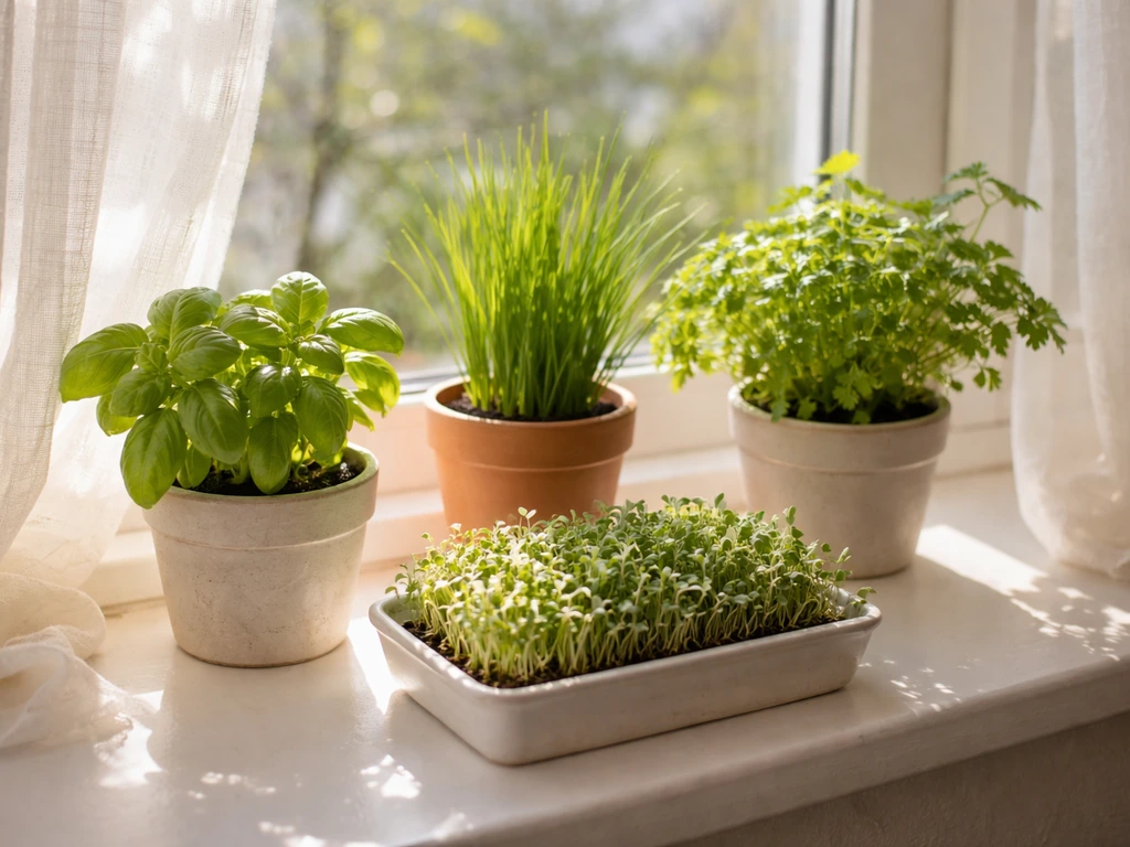 Herbs on a south-facing windowsill in small pots