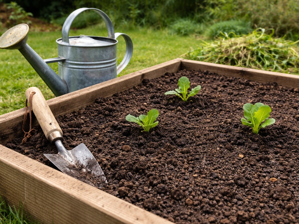 Raised bed soil and hand tools for garden growing
