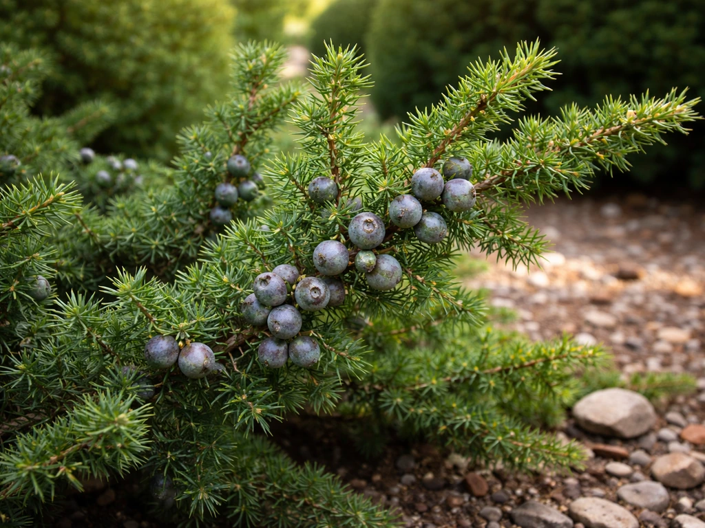 Healthy juniper shrub in a UK garden with berry-like seed cones on its branches.