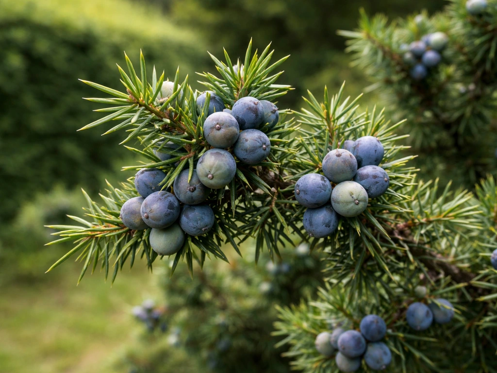 Close-up of a UK juniper shrub with clusters of fleshy seed cones resembling berries.