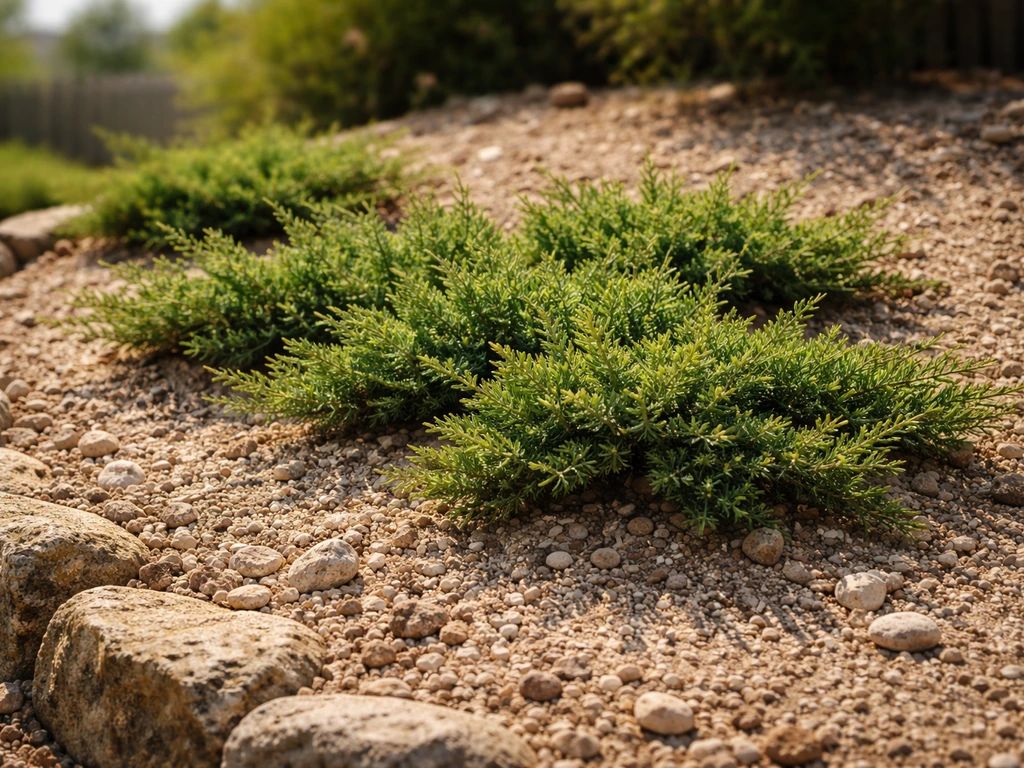 Juniper planted in a well-drained, gritty chalky soil bed in full sun, UK garden setting.