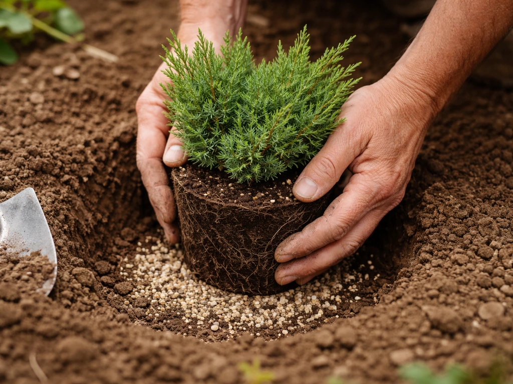 Gardener’s hands planting a small juniper in well-drained soil with grit in the planting hole