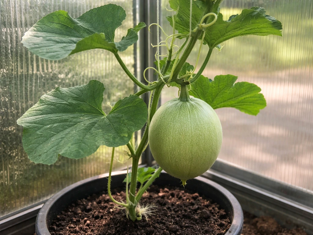 Honeydew melon growing in a UK greenhouse with vines and one developing fruit on the plant.