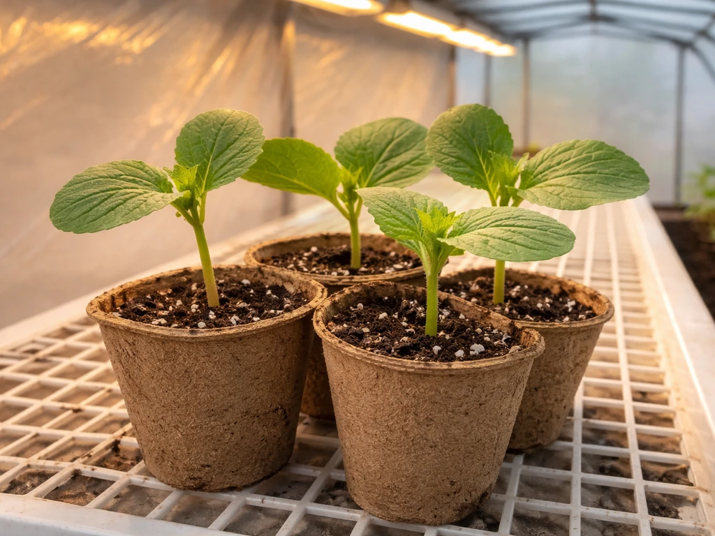 Honeydew melon seedlings in small pots under a warm light in a greenhouse, ready to harden off.