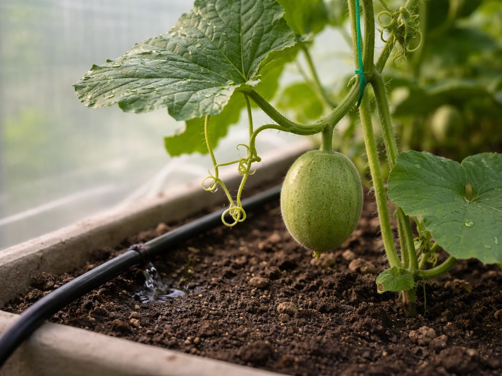 Close-up of a melon on a trained vine in a greenhouse with nearby drip irrigation and moist soil.