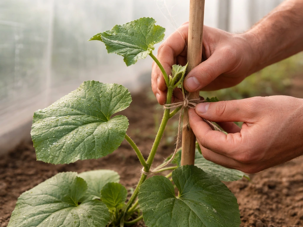 Hands pinching a melon vine’s growing tip and tying it to a greenhouse support stake.