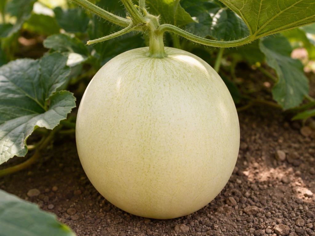 Ripe honeydew melon on the vine with visible stem area, pale creamy-green skin, and detailed texture.