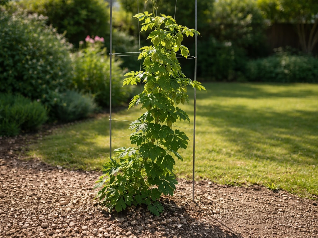 Sunlit hop plant climbing a trellis in well-draining soil, with gentle breeze and soft garden background.