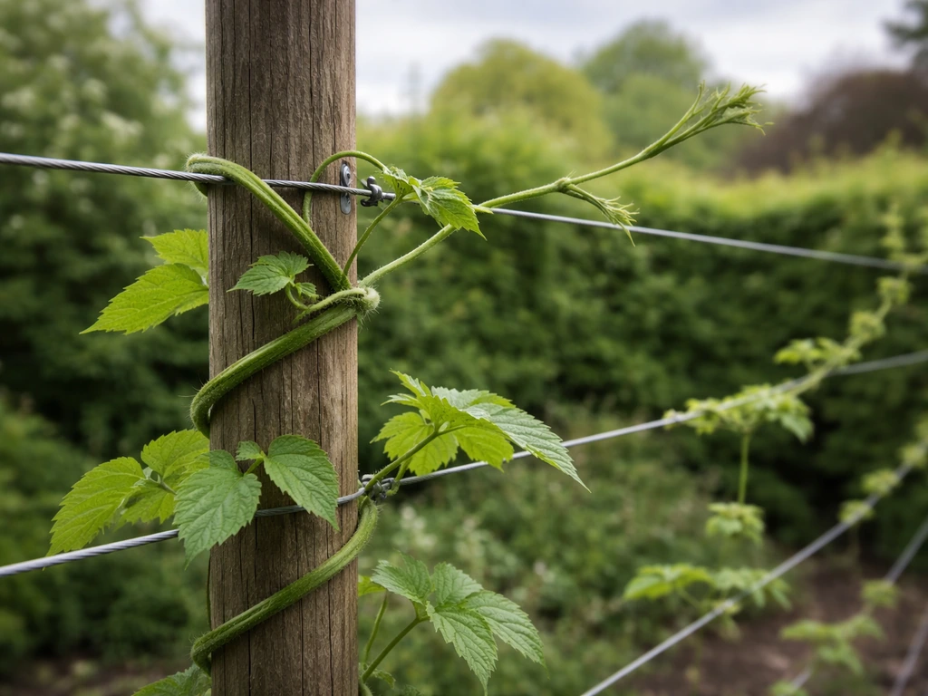 Hop bines climbing a simple post-and-wire trellis in a quiet home garden