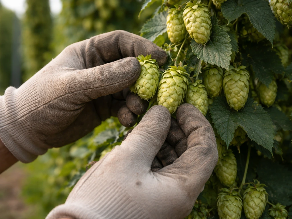 Gloved hands picking ripe hop cones from the lower vine section on a dry day