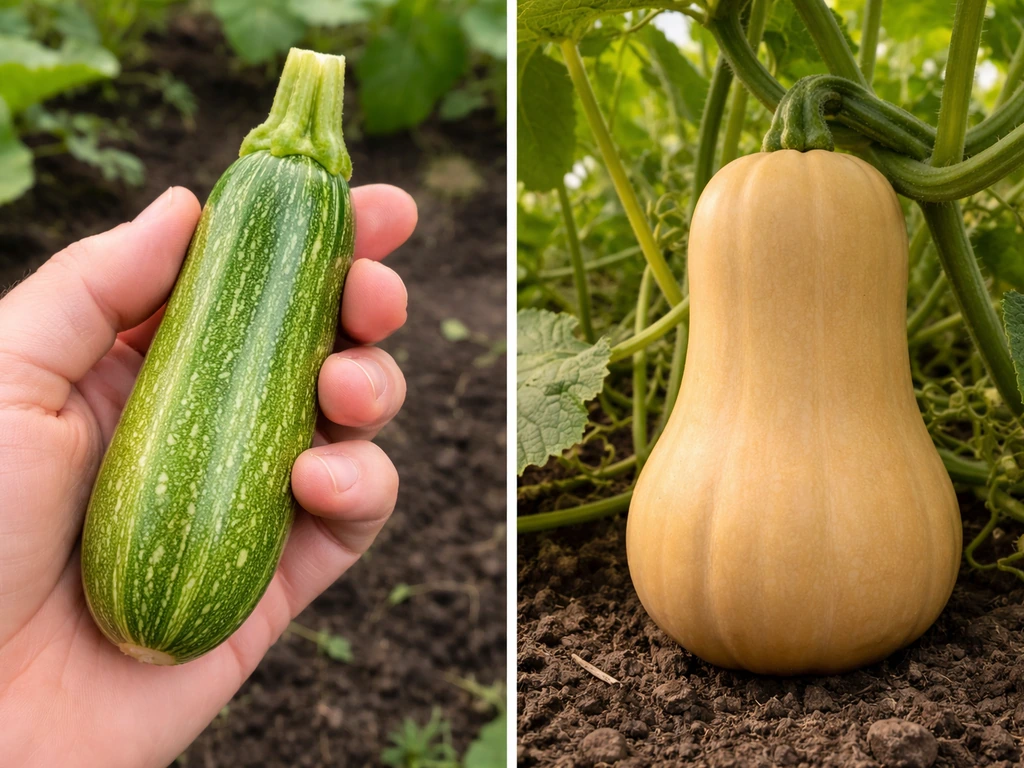 Courgette (summer squash) vs butternut-style (winter squash) showing young vs hardened fruit