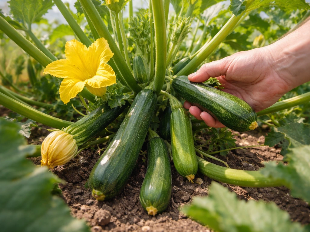 Bush courgettes on the plant ready for regular harvesting