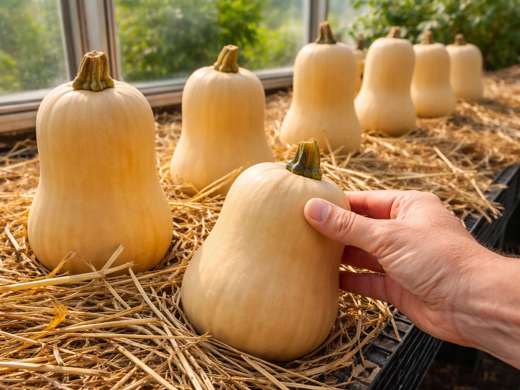 Winter squash curing in a warm greenhouse with stems and hard skins