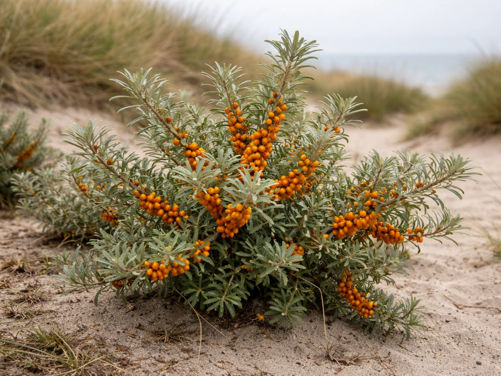 Sea buckthorn shrubs with orange berries growing in a coastal UK garden with dunes in the background.