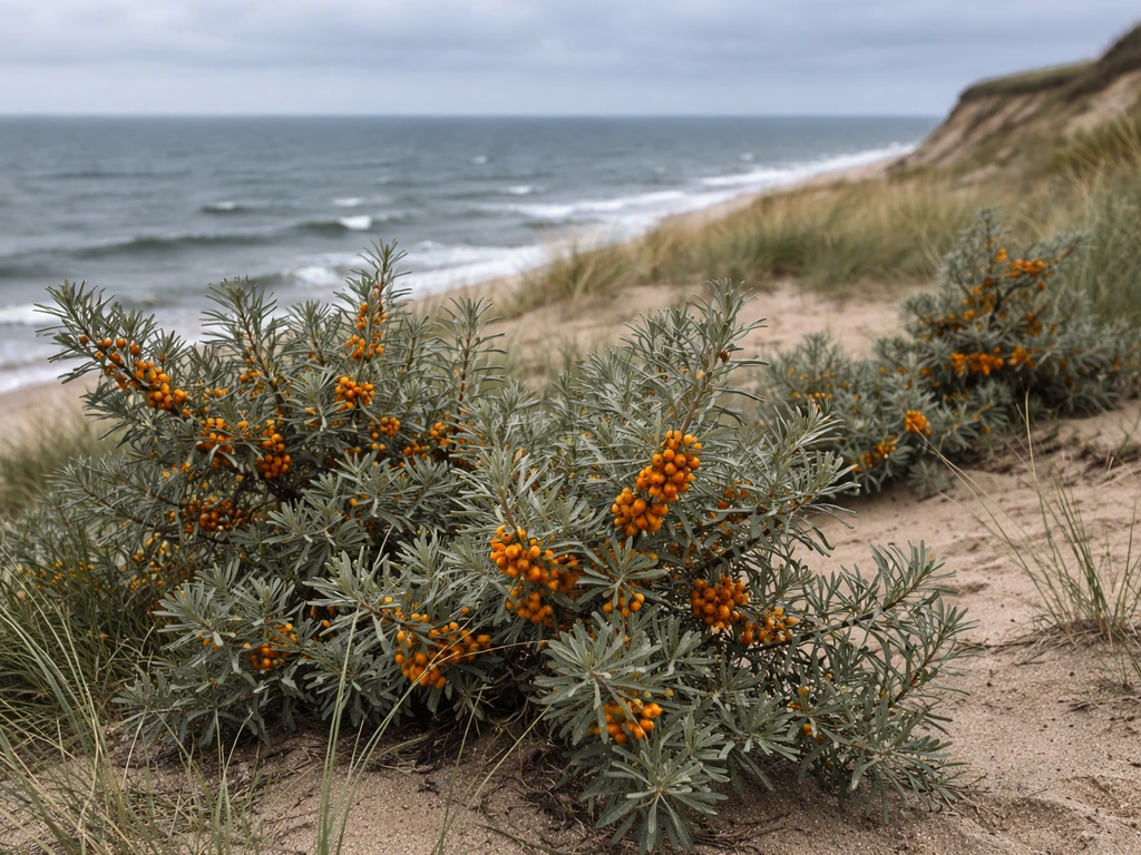 Sea buckthorn shrubs with orange berries on coastal dunes near a sea cliff and gray ocean.