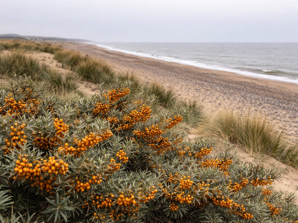 Coastal dunes with sea buckthorn shrubs along England’s east/southeast shoreline