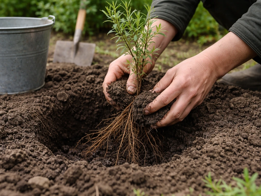 Hands planting bare-root sea buckthorn into a hole in UK garden soil, with a bucket nearby.