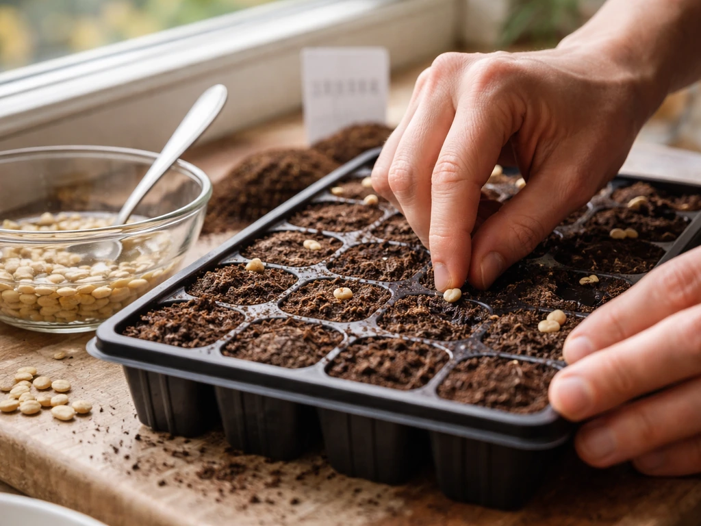 Close-up of hands sowing soaked loofah seeds into a warm seed tray on a bright windowsill.