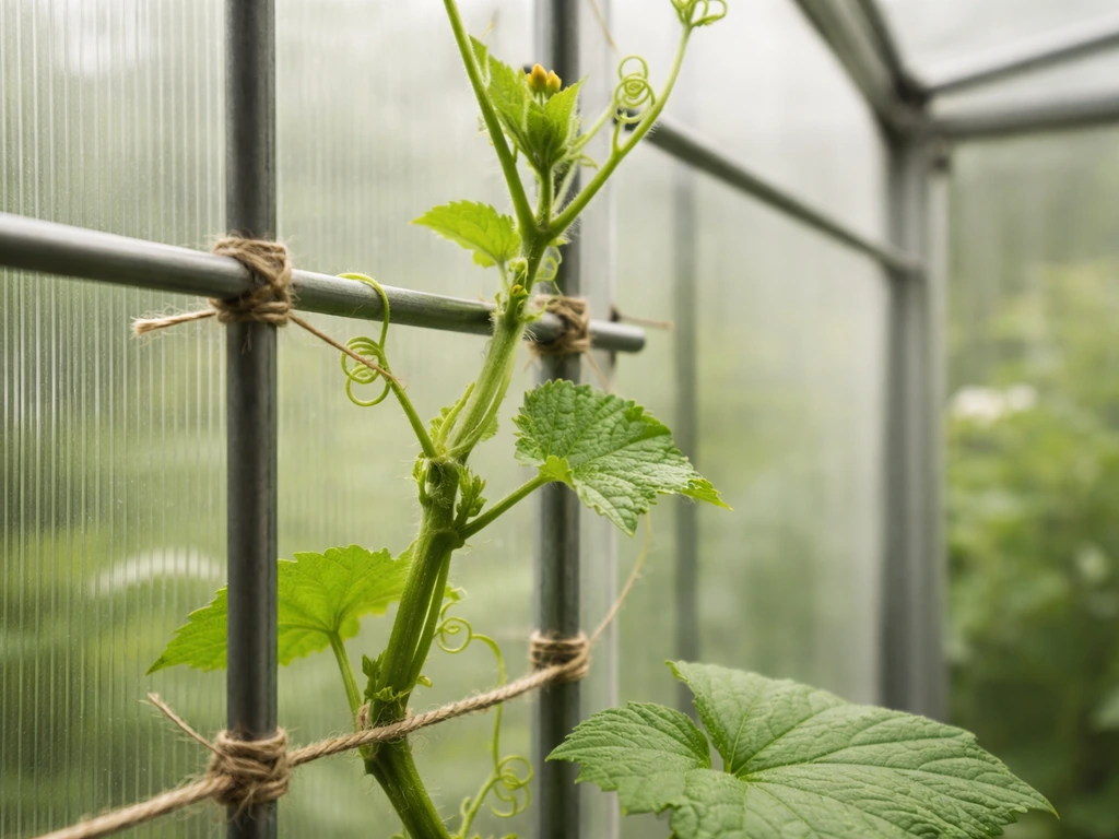 Loofah vine vigorously climbing and training up a trellis in a greenhouse, tendrils secured with twine.
