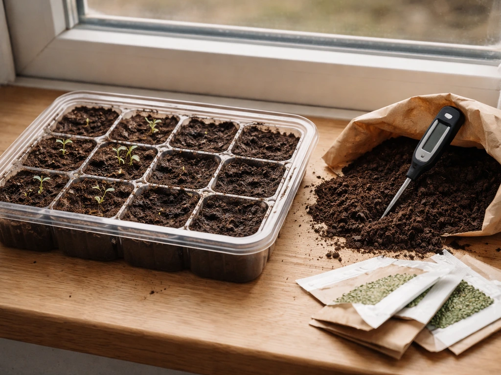 Loofah seedlings in a tray with a small thermometer and warm soil showing germination troubleshooting.