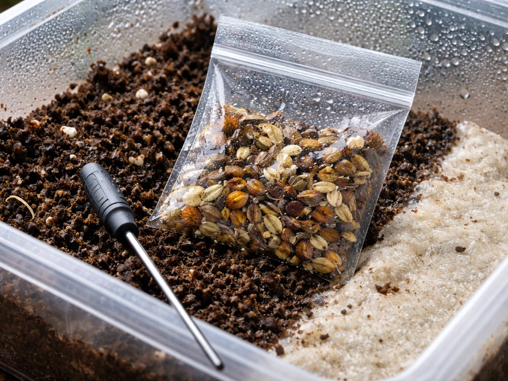 Cold stratification setup with moist material and container for UK perennial seeds