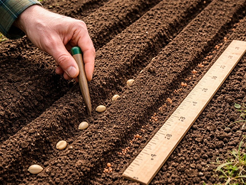 Hand placing perennial seeds at correct depth in outdoor soil