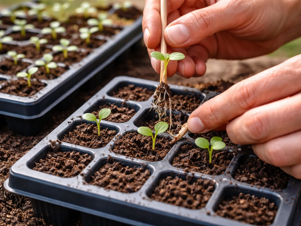 Pricking out perennial seedlings into module trays with dibber