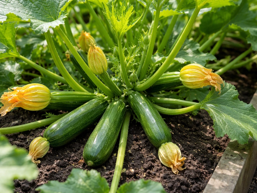 Close-up of prolific courgette plants in a UK garden bed, showing ripe green fruits on stems.