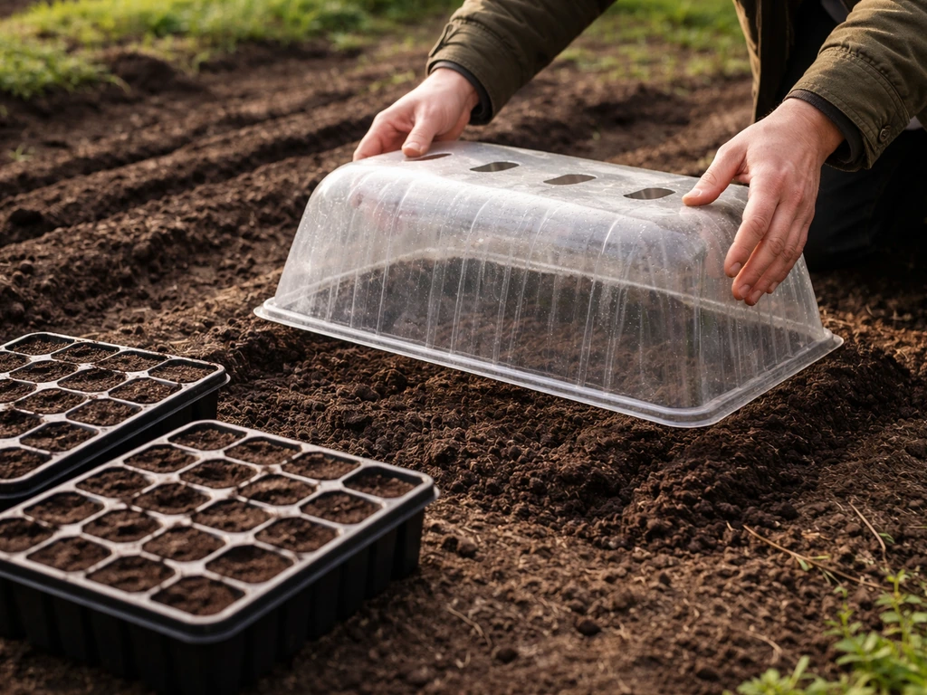 Hands adjusting a cloche over dark soil, with seedling trays nearby in early spring light.