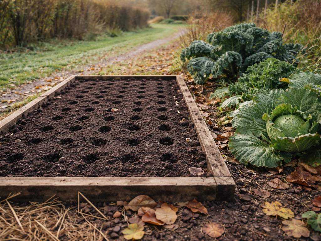 Garlic planting bed in autumn soil with leafy brassicas and fallen leaves, shot in natural overcast light.