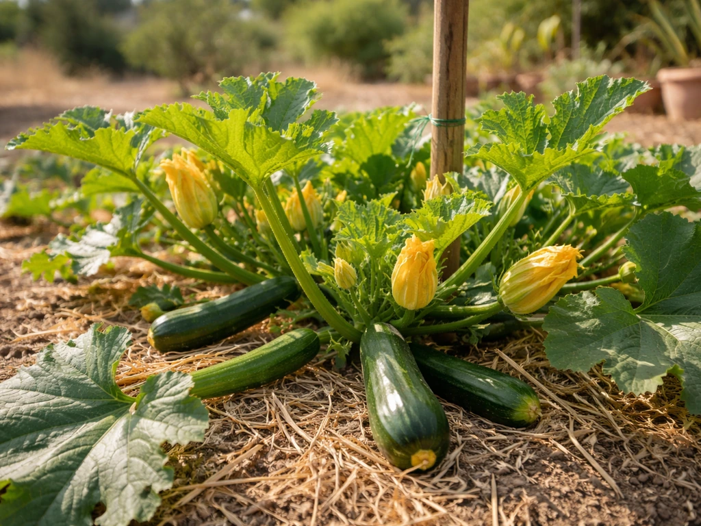 Raised bed with courgettes growing close together in warm Portuguese garden soil