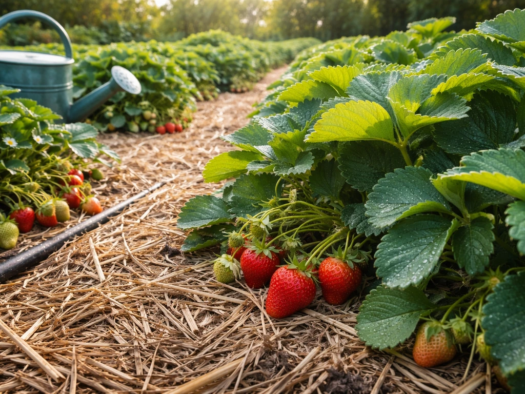 Strawberry plants in autumn-planted bed with straw mulch and red berries