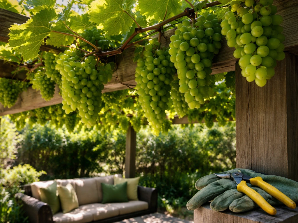 Pergola-trained grapevine laden with green grapes in summer light