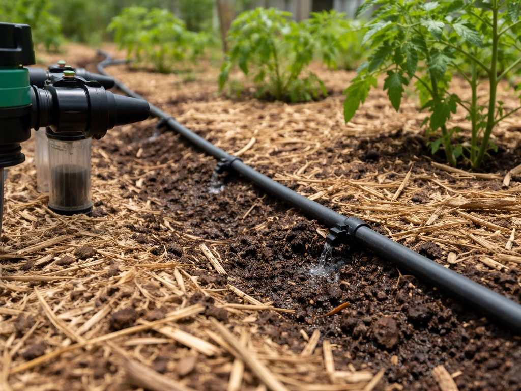 Drip irrigation line running beside mulched beds with water emitter details