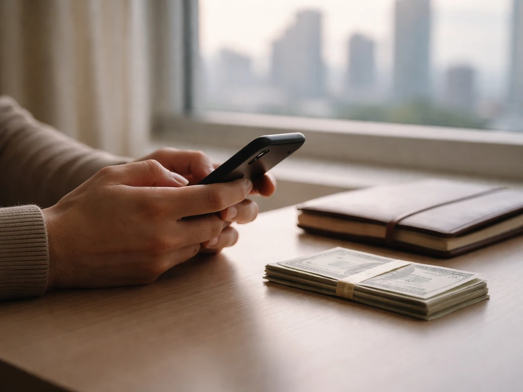 Minimal desk scene with smartphone and scattered cash, symbolizing net worth research and verification