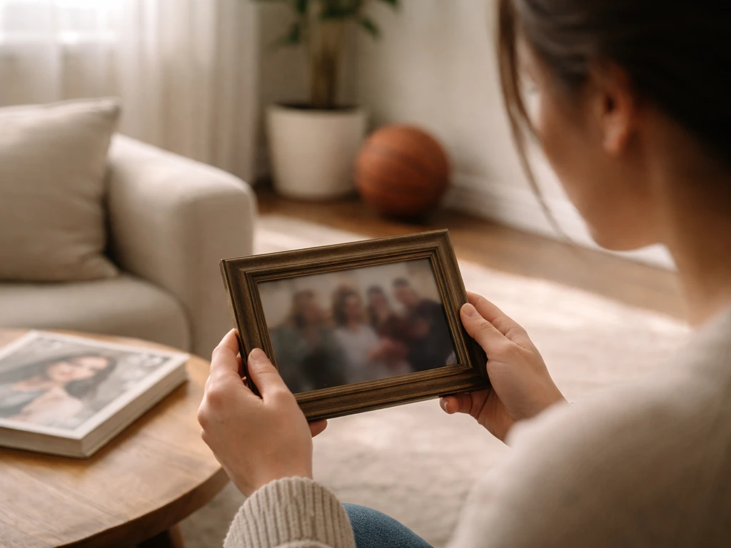 Anonymous young woman holding an out-of-focus vintage family photo in a bright living room.
