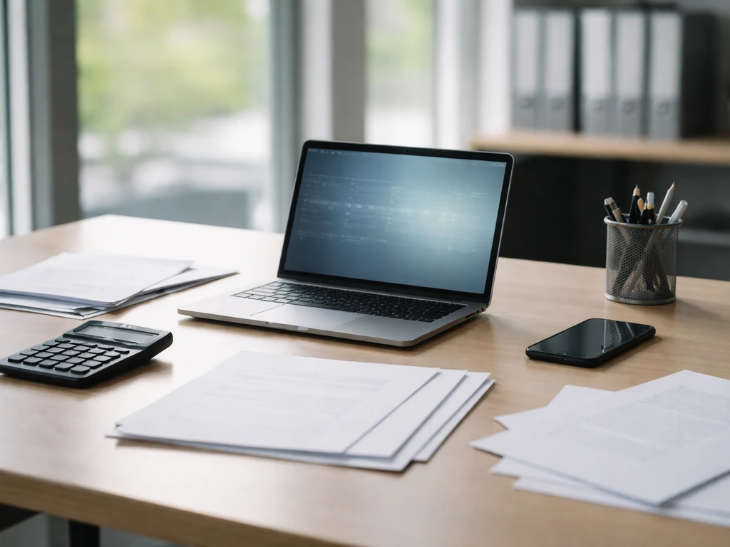 Minimal office desk with a laptop showing a generic revenue-forecast theme and stacked planning documents