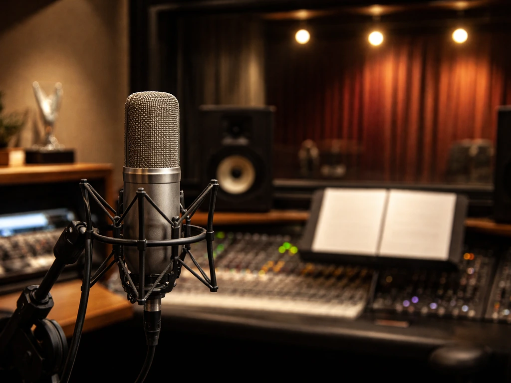 Close-up of a studio microphone with warm stage lights in the background, symbolizing entertainment career success.
