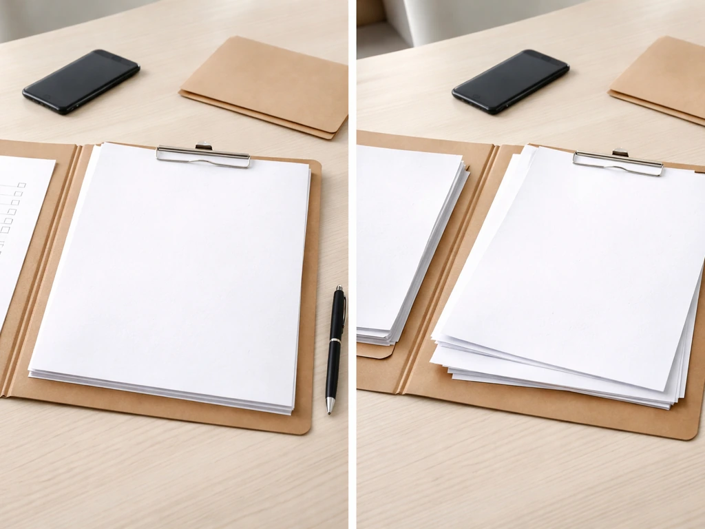 Minimal desk scene with scattered financial documents and a blank media-style folder, symbolizing varying net worth esti