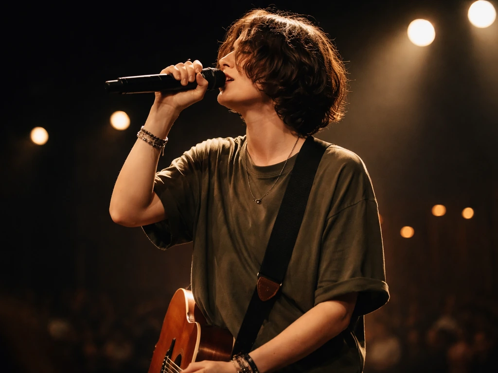 Anonymous singer on a dark spotlight stage, handheld microphone, guitar strap, blurred performance lights behind.