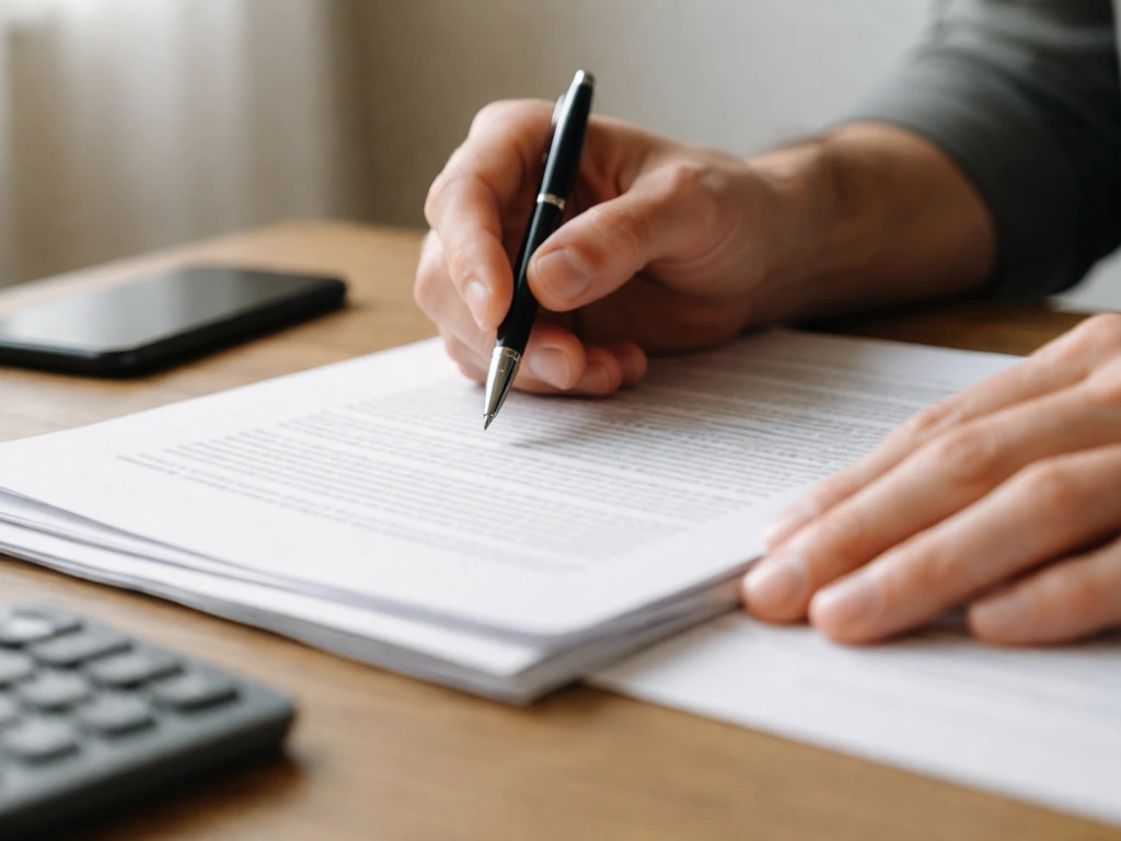 Close-up of hands reviewing printed documents beside a smartphone and calculator, symbolizing net worth verification.