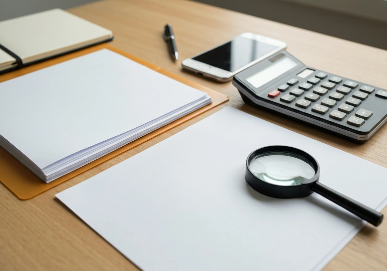 A person reviewing financial documents with a calculator and magnifying glass on a desk
