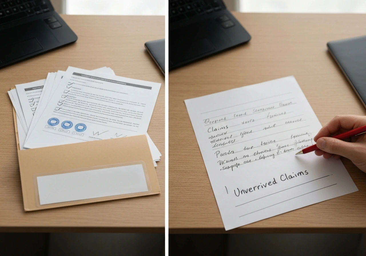 Minimal desk photo split: checked, verified evidence on one side; blurry unverified claim on the other.