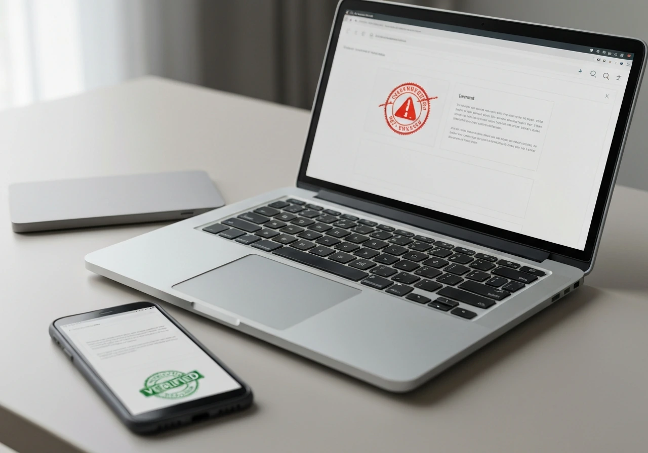 Laptop and phone on a desk showing generic search results with red warning and green verified stamps.