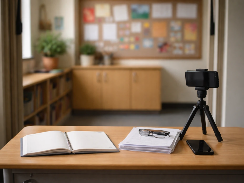Quiet classroom desk with open notebook and phone, symbolizing education and public-profile income context.