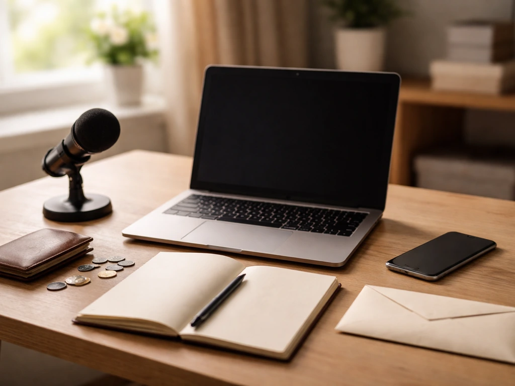 Minimal home office desk with laptop, coins, wallet, and microphone suggesting indirect net worth estimation.